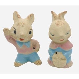 VTG UCTCI Stoneware Boy & Girl Bunny Rabbit Figurine Spring Easter Decor Japan
